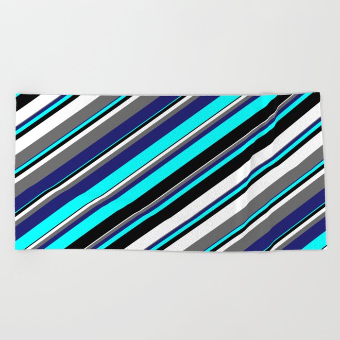 Aqua, Black, White, Dim Gray & Midnight Blue Colored Stripes/Lines Pattern Beach Towel