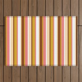 [ Thumbnail: Vibrant Brown, Goldenrod, Light Coral, White, and Tan Colored Striped Pattern Outdoor Rug ]