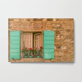 Green Vases of Red Roses on Window Sill With Green Shutters in Ancient Cottage With Stone Walls Metal Print | Walls, Ancient, Red, Green, Romagn, Sill, Stone, Medieval, Pots, Shutters 