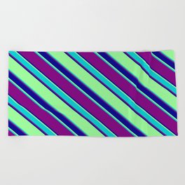 [ Thumbnail: Green, Dark Turquoise, Purple, and Dark Blue Colored Striped Pattern Beach Towel ]
