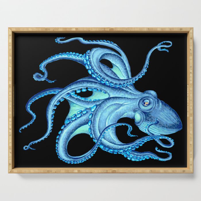 Blue Teal Octopus Tentacles Ink Black Nautical Marine Dance Serving Tray