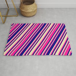 [ Thumbnail: Deep Pink, Blue, and Tan Colored Stripes/Lines Pattern Rug ]
