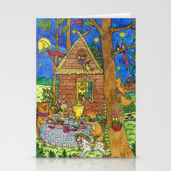  Bear, fox and cat drink tea in a fairy forest. Stationery Cards