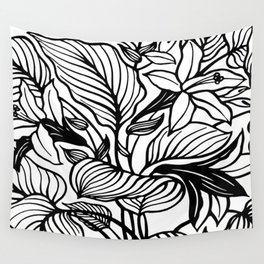 White And Black Floral Minimalist Line Drawing Wall Tapestry