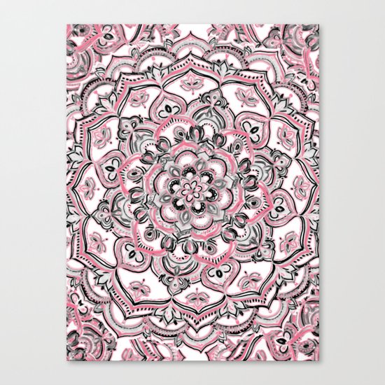 Magical Mandala in Monochrome + Pink Canvas Print