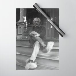 Funny Einstein in Fuzzy Slippers Classic Black and White Satirical Photography - Photographs Wrapping Paper