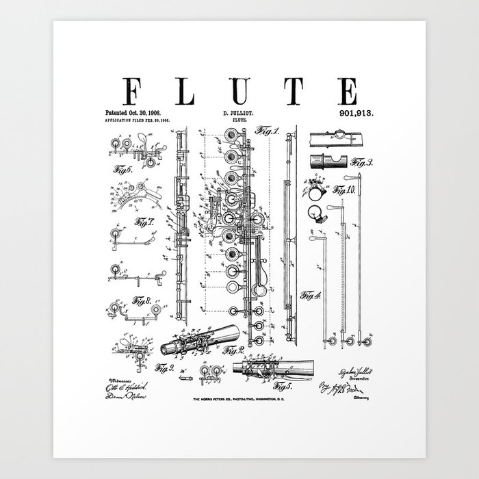Flute Vintage Patent Flutist Flautist Drawing Print Art Print