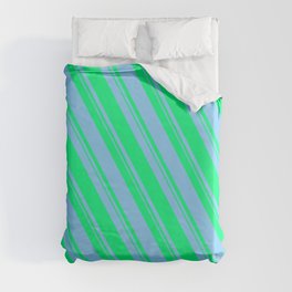 [ Thumbnail: Light Sky Blue and Green Colored Pattern of Stripes Duvet Cover ]