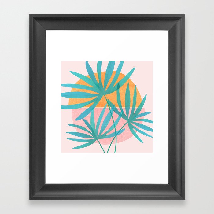 Teal and Pink Retro Sunset Palms Framed Art Print