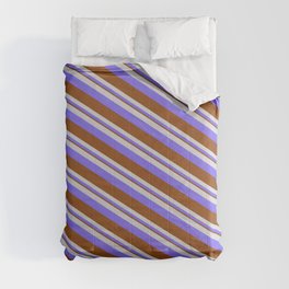 [ Thumbnail: Light Gray, Medium Slate Blue & Brown Colored Pattern of Stripes Comforter ]
