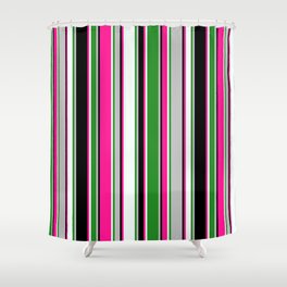 [ Thumbnail: Eyecatching Grey, Forest Green, Mint Cream, Deep Pink, and Black Colored Pattern of Stripes Shower Curtain ]