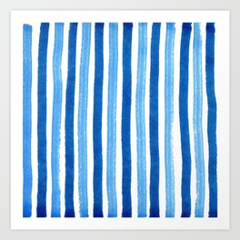 Vertical blue and white striped pattern - watercolor stripes Art Print
