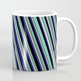 [ Thumbnail: Light Grey, Midnight Blue, Black, Aquamarine & Dim Grey Colored Lined/Striped Pattern Coffee Mug ]
