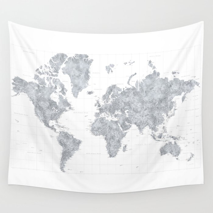 Gray watercolor highly detailed world map, square, "Jimmy" Wall Tapestry