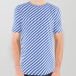 [ Thumbnail: Mint Cream & Royal Blue Colored Lines/Stripes Pattern All Over Graphic Tee ]