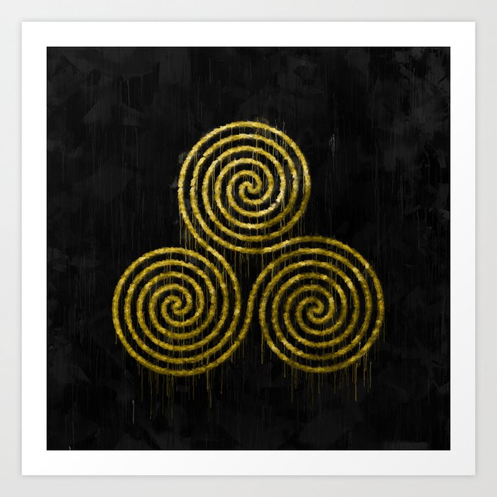 Golden Triple Spiral And Paint Drips On Black Background Art Print