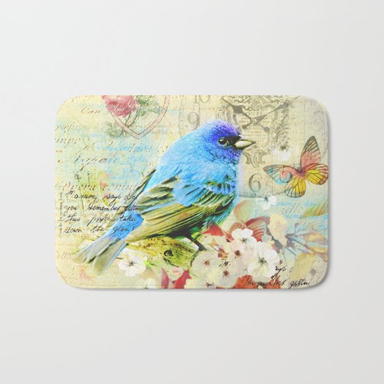 Vintage illustration with bird and butterfly Bath Mat
