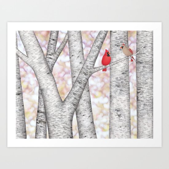 cardinals and birch trees Art Print