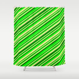 [ Thumbnail: Tan, Green & Lime Colored Stripes/Lines Pattern Shower Curtain ]