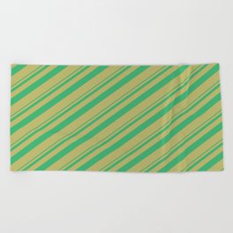 [ Thumbnail: Sea Green and Dark Khaki Colored Lined/Striped Pattern Beach Towel ]