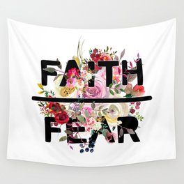 Christian Quote - Faith Over Fear - Cute Floral Watercolor Typography Wall Tapestry