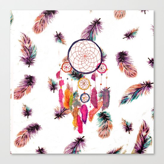Hipster Watercolor Dreamcatcher Feathers Pattern Canvas Print
