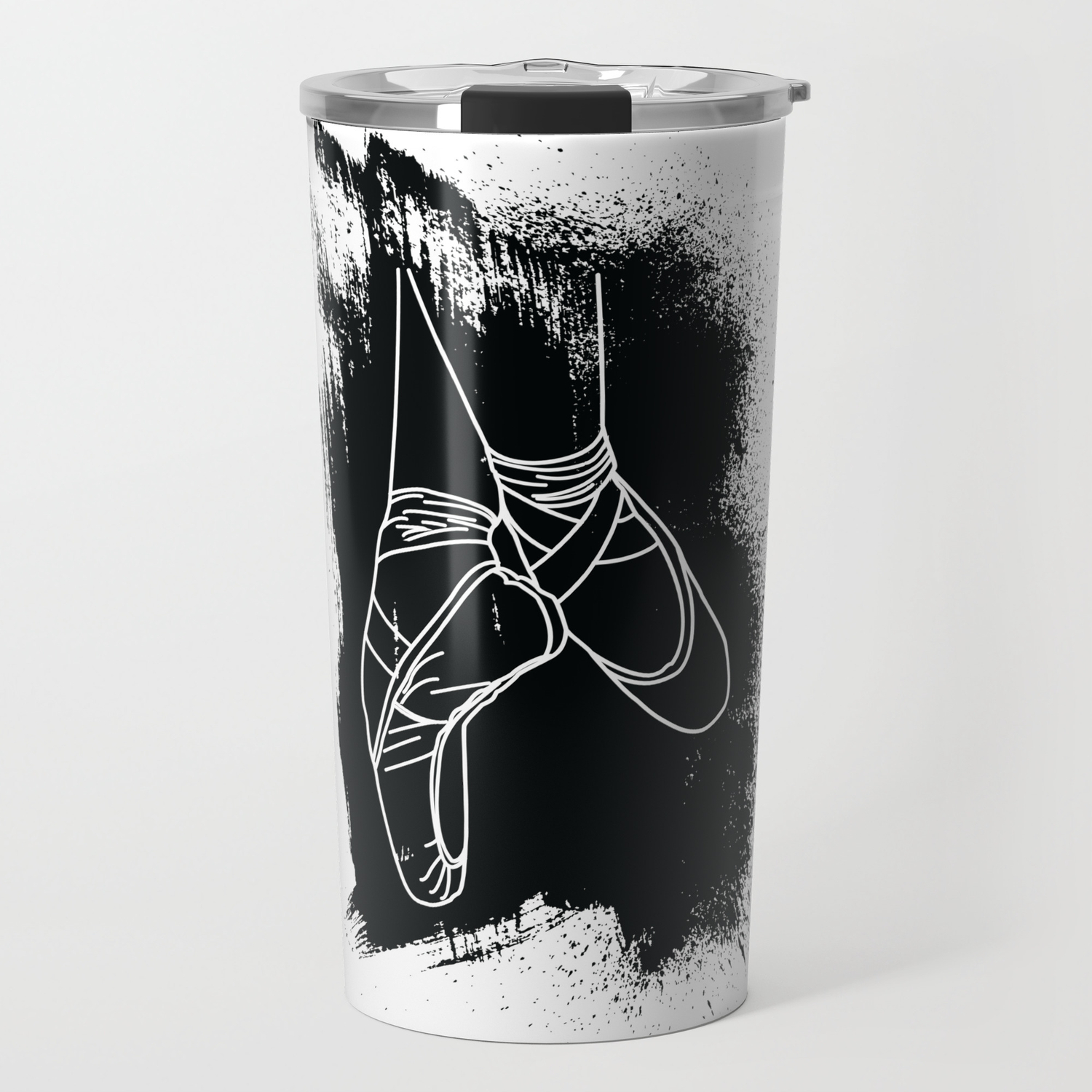 outline of pointe shoes on black background travel mugs