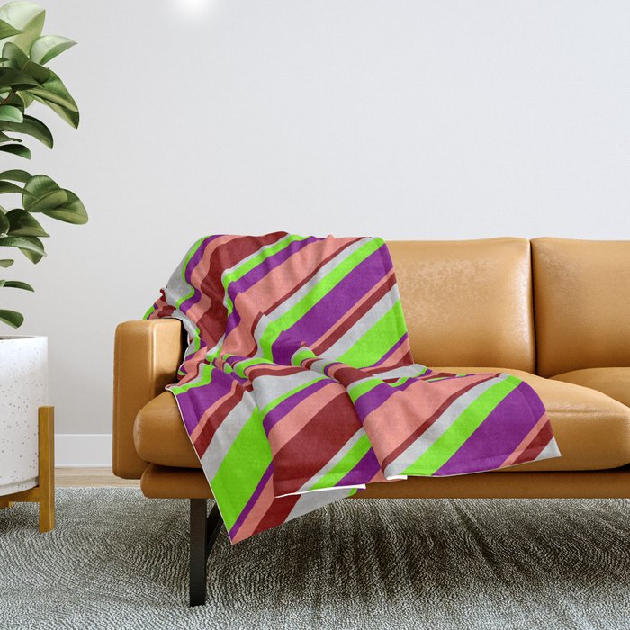 Light Grey, Green, Purple, Salmon, and Dark Red Colored Striped Pattern Throw Blanket