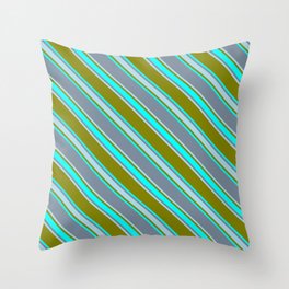 [ Thumbnail: Green, Cyan, Light Slate Gray & Light Blue Colored Stripes Pattern Throw Pillow ]