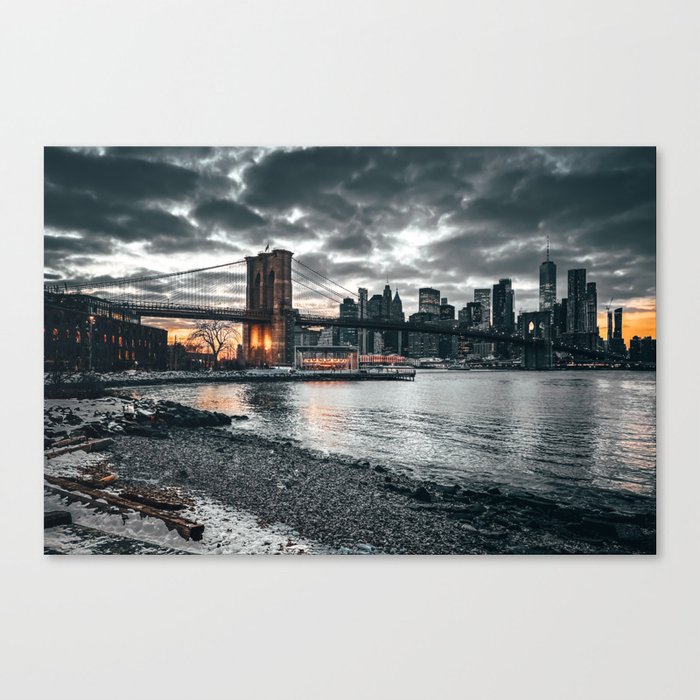 New York City Brooklyn Bridge and Manhattan skyline during winter Canvas Print