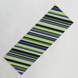 [ Thumbnail: Colorful Midnight Blue, Light Gray, Light Green, Black, and Dim Grey Colored Stripes/Lines Pattern Yoga Mat ]
