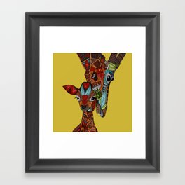 giraffe love ochre Framed Art Print | Digital, Family, Pattern, Heart, Popart, Ochre, Illustration, Pop Art, Nursery, Mother 