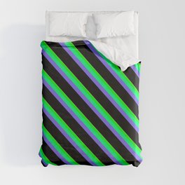 [ Thumbnail: Eye-catching Tan, Lime, Green, Medium Slate Blue & Black Colored Striped/Lined Pattern Duvet Cover ]