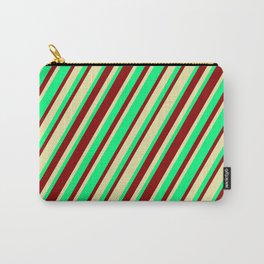 [ Thumbnail: Green, Dark Red & Pale Goldenrod Colored Stripes Pattern Carry-All Pouch ]