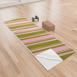 [ Thumbnail: Green and Light Pink Colored Striped Pattern Yoga Towel ]