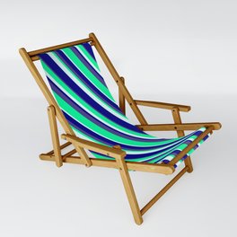 [ Thumbnail: Green, Light Cyan, Blue & Dark Slate Blue Colored Lines/Stripes Pattern Sling Chair ]
