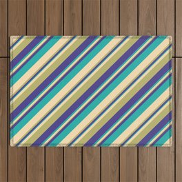 [ Thumbnail: Beige, Dark Khaki, Dark Slate Blue, and Light Sea Green Colored Striped Pattern Outdoor Rug ]