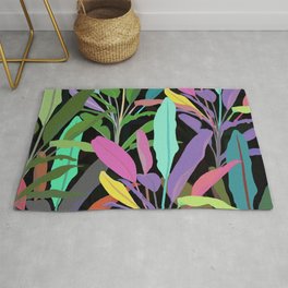 Tropical Colorful Banana Leaves Black Pattern Rug