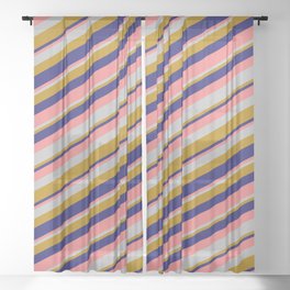 [ Thumbnail: Light Coral, Grey, Dark Goldenrod & Midnight Blue Colored Lines Pattern Sheer Curtain ]