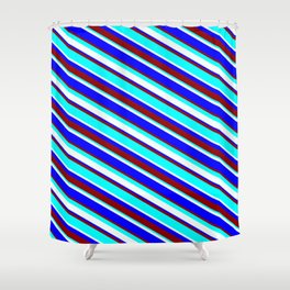 [ Thumbnail: Mint Cream, Blue, Dark Red, and Aqua Colored Lined Pattern Shower Curtain ]