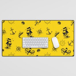 Yellow And Blue Silhouettes Of Vintage Nautical Pattern Desk Mat