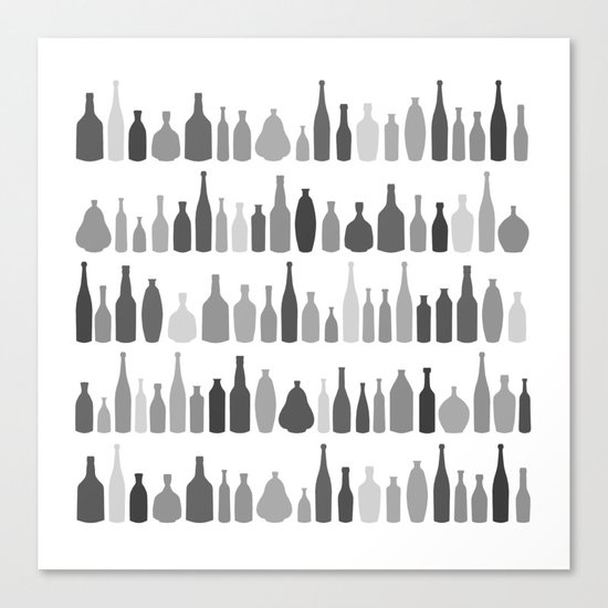 Bottles Black and White on White Canvas Print