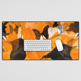 Beautiful Autumn Blackbirds with butterflies and Orange Maple Leaves #decor #society6 #buyart Desk Mat
