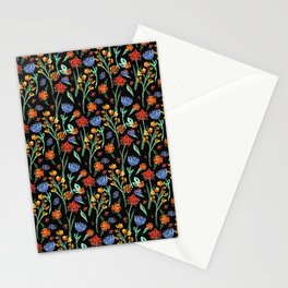 Red, blue and orange flower collection black background Stationery Cards
