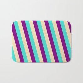 [ Thumbnail: Turquoise, Purple & Tan Colored Stripes/Lines Pattern Bath Mat ]