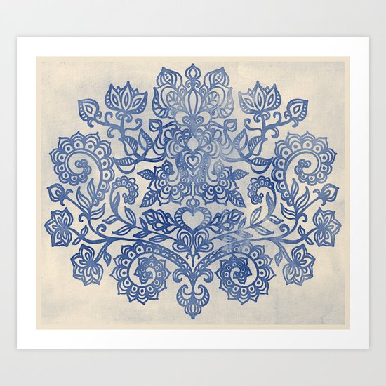 Indigo Blue Denim Ink Doodle Art Print