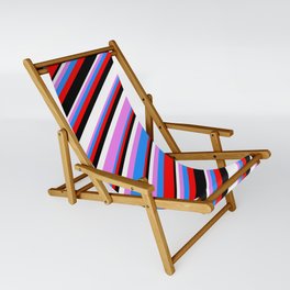 [ Thumbnail: Eyecatching Violet, Blue, Red, Black & White Colored Lines Pattern Sling Chair ]