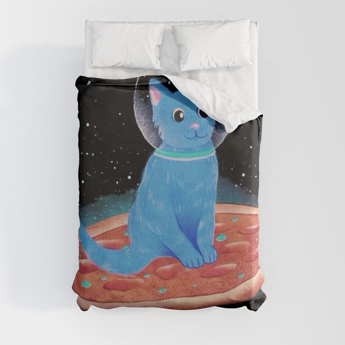 Cat Ride A Pizza Ship on Space Duvet Cover