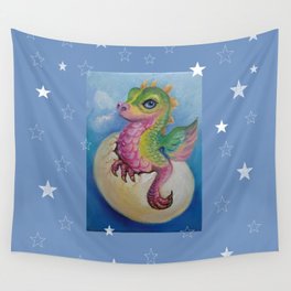 Baby Dragon on the Blue sky with Stars painting Fantasy Illustration Wall Tapestry