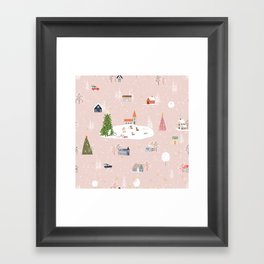 Seamless pattern Cute Christmas landscape in the town with fairy tale houses,car,polar bear playing ice skates and Christmas trees,Panorama flat design in village on Christmas eve Framed Art Print